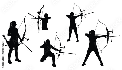 Archer silhouettes set with bow and arrow poses for sport hunting and warrior design
