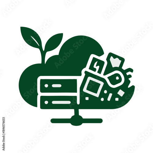 Icon "Digital Sustainability / Tech Waste" - A cloud/server with leaves growing on one side and electronic waste on the other.