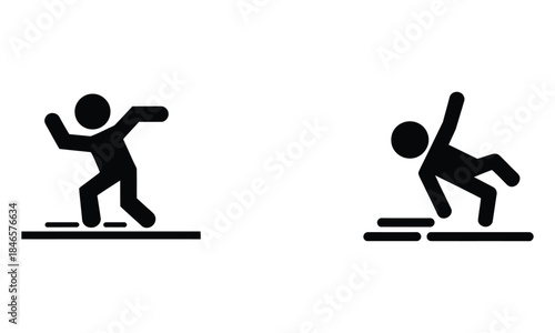 Falling person icons, slip and accident warning symbols, balance loss and safety hazard illustration
