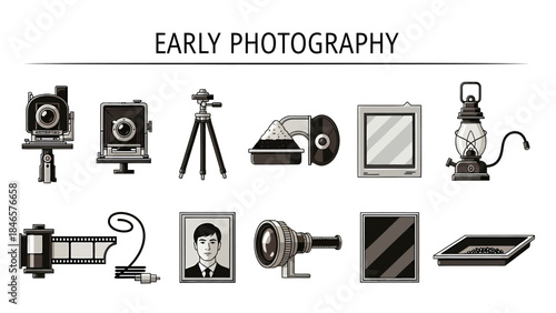Illustrations of vintage photographic equipment and darkroom supplies titled EARLY PHOTOGRAPHY
