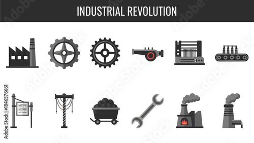 Row of ten black and gray icons representing aspects of the Industrial Revolution