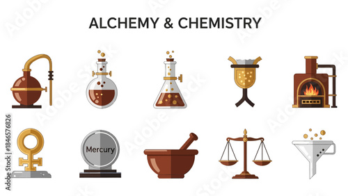 Ten icons related to alchemy and chemistry in two horizontal rows