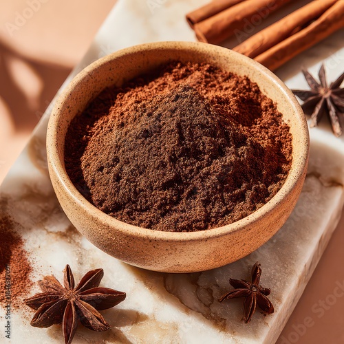Close Up Of A Bowl Filled With Aromatic Cinnamon Spice Blend Surrounded By Star Anise And Cinnamon Sticks