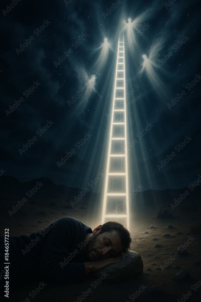 Fototapeta premium Jacob Sleeping Beneath the Ladder Rising Into Heaven at Bethel