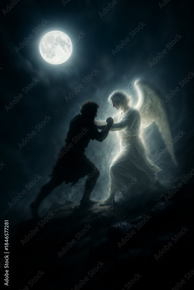 Fototapeta premium Jacob Wrestling the Angel under a Moonlit Sky