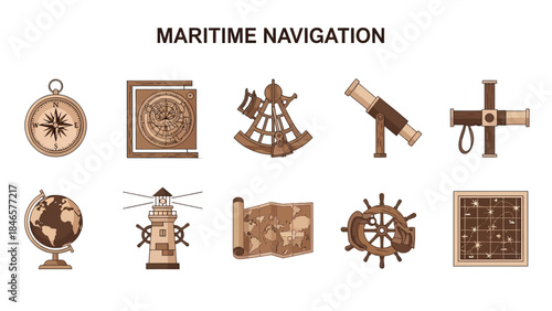 Vintage maritime navigation instruments and nautical items displayed in two rows