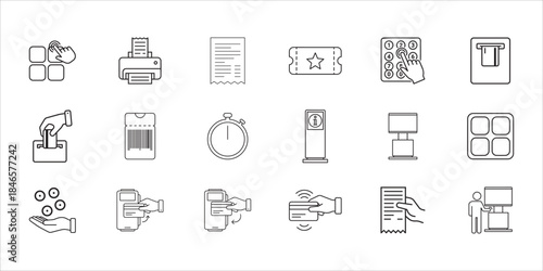 Set of line icons representing various payment, ticketing, and transaction methods, including printing, scanning, cash handling, card payments, and kiosks