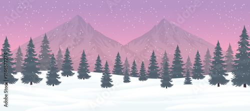 Winter Snowy Landscape Background Mountains Forest Pine Trees Purple Sky Vector.
