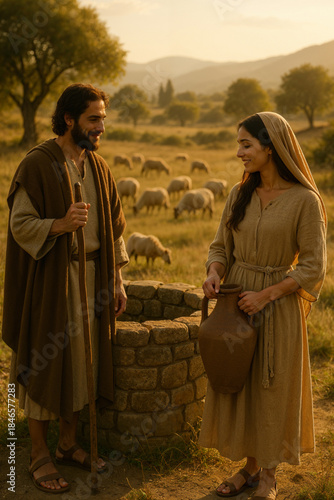 Jacob Meeting Rachel at the Well in a Pastoral Shepherd Landscape