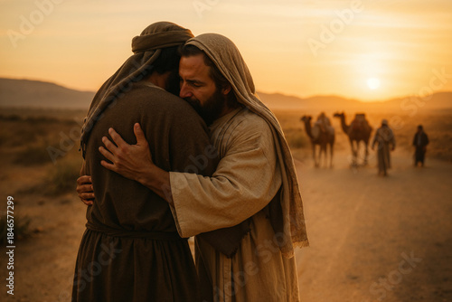 Jacob and Esau Embracing in Forgiveness on a Desert Path