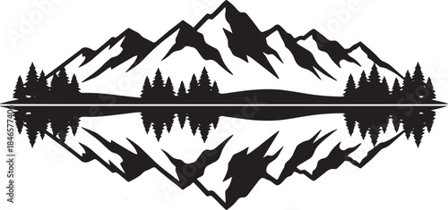 black silhouette of mountain lake reflection on white background, vector.