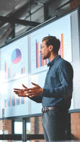 Young male executive explains financial statistics and analytics to colleagues using digital graphs in a contemporary workspace. Visual storytelling enhances corporate communication and growth