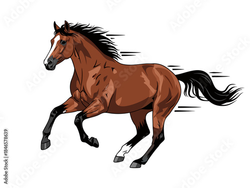 A powerful brown horse with a flowing mane and tail gallops across a white background, depicted with motion lines.
