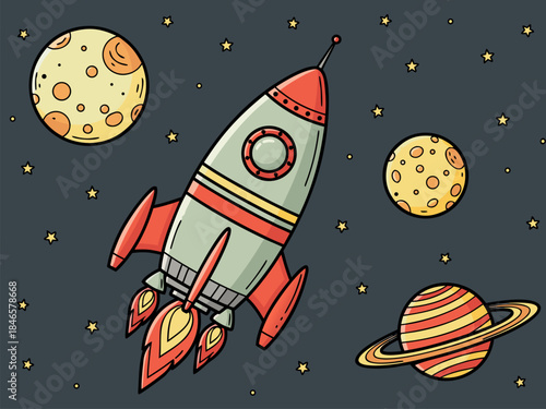 A cartoon rocket ship blasts off into a starry night sky, surrounded by colorful planets and celestial bodies.