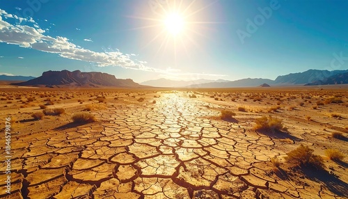Cracked, dry earth stretching under a bright sun and blue sky, with mountains in the distance