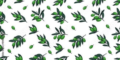 Colorful seamless pattern of hand-drawn olive branches on white background.