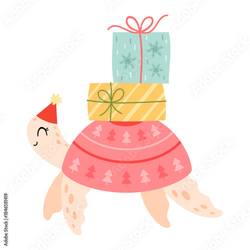 Pink Christmas Turtle with Gifts in Cartoon Style. Cute Xmas Sea Animal Clipart, Festive Ocean Character. Holiday Vector Illustration.