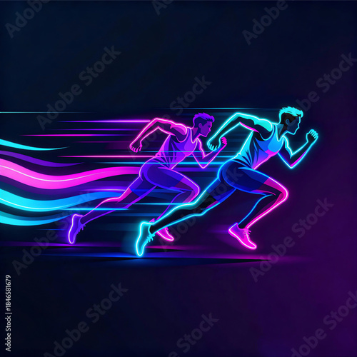 Neon Gradient Two Runners in Motion – Dynamic Running Athlete Vector With Speed Lines