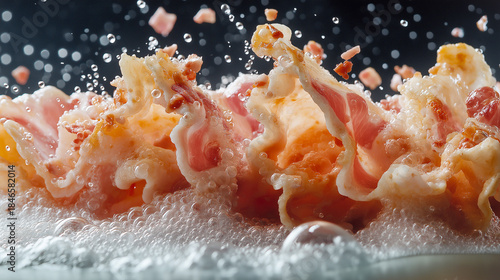 Crispy strips of bacon with water droplets, creating a captivating and appetizing culinary image on a dark background.