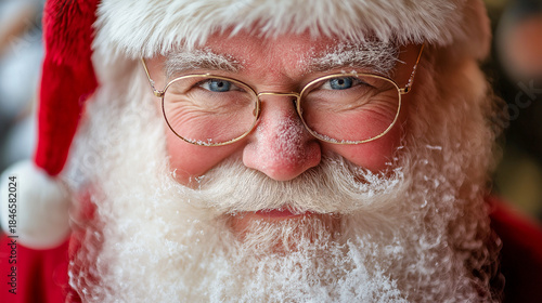 Festive holiday portrait featuring a cheerful, rosy-cheeked man with a white beard and glasses, likely a character of celebration.