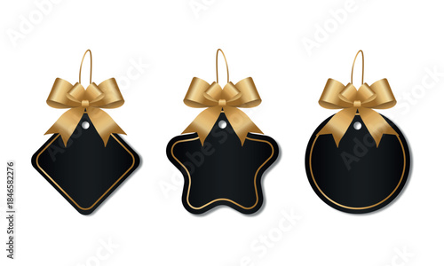 Elegant gift tags with golden bows in various shapes, executed in a realistic style, for packaging design, holiday marketing, product branding, retail promotions, and event invitations. Vector image.