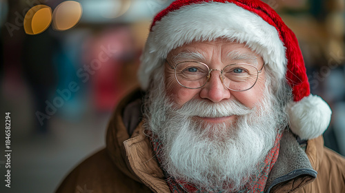 Smiling man with a white beard and red hat embodies the spirit of the holiday season, conveying warmth and cheerfulness.