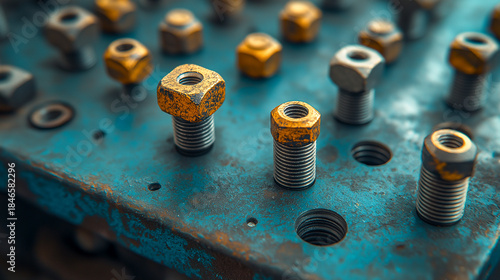 Close-up of silver and gold fasteners arranged on a blue, worn surface, suggesting industrial equipment or a mechanical setup.