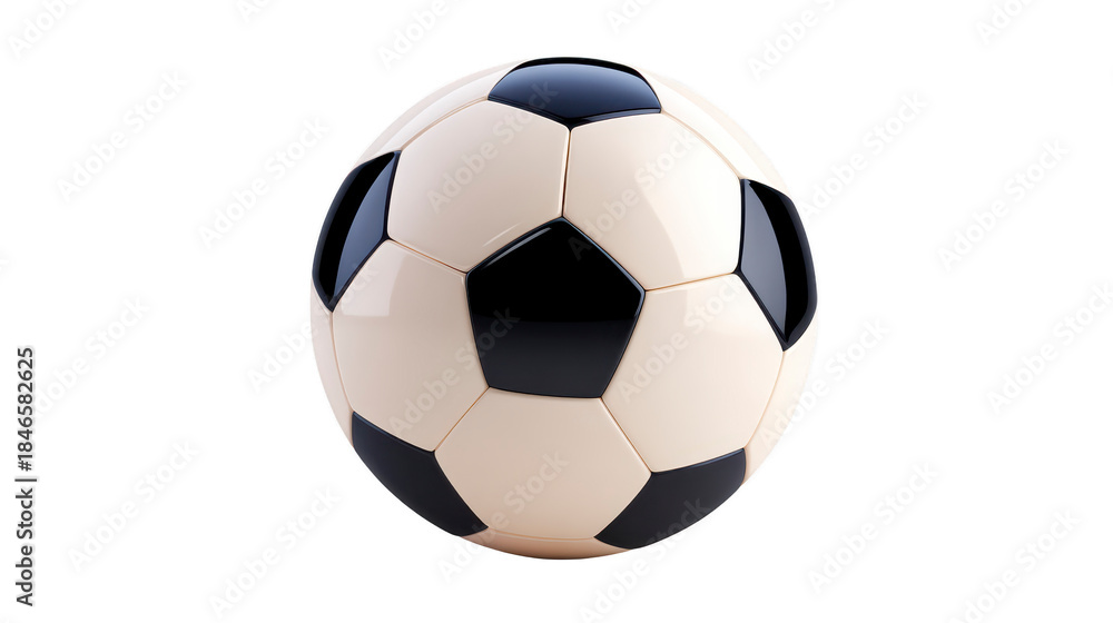 Fototapeta premium Classic black and white soccer ball isolated on transparency background, showing traditional pentagon and hexagon pattern, used for football games, sports training, and recreation