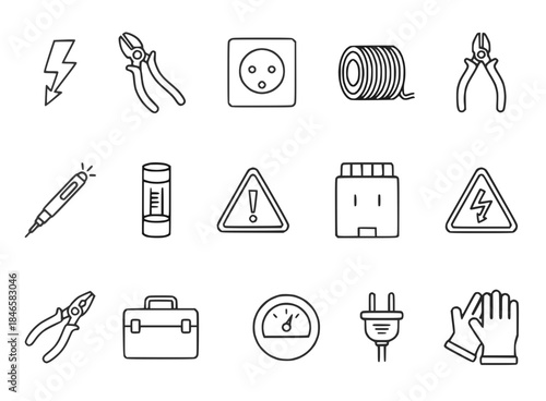Electrical tools and warning line icons set with pliers cable socket plug battery lightning glove gauge symbols drawn in clean outline style illustration expressing maintenance and power work  