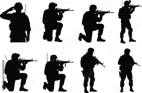 Military Soldier Silhouettes in Various Poses Vector.  