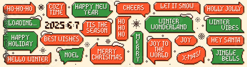 Christmas pixel art speech bubbles. Red and green text clouds with snowy peaks and new year phrases.