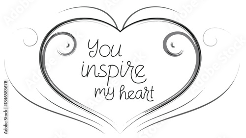 Minimal floating heart illustration with inspirational quote, black and white, romantic symbol for love and affection