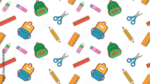 Vibrant school supplies pattern with backpacks and stationery