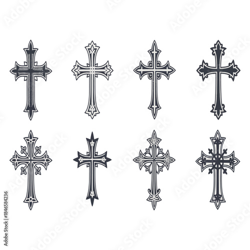 Ornate cross collection with decorative christian symbols and religious design elements isolated on transparent background