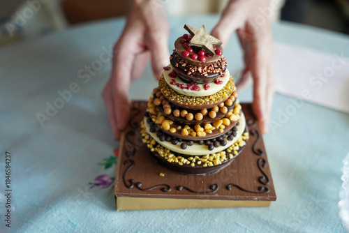 Christmas cake chocolate decoration closeup