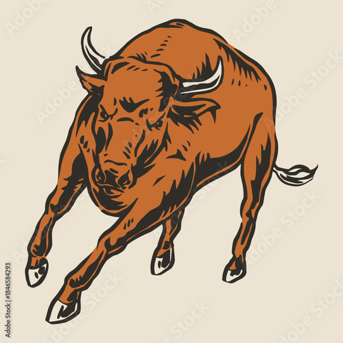 Brown bull jumping in a field