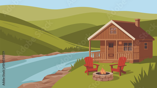 Cozy cabin by serene lake with rolling green hills