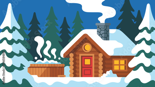 Cozy snowy log cabin with hot tub in winter forest