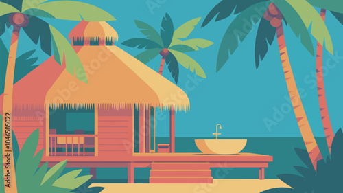 Tropical beach hut with palm trees and ocean view