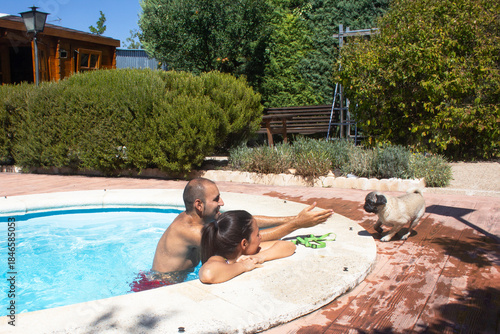 Young couple teaching a pug puppy to swim in a pool