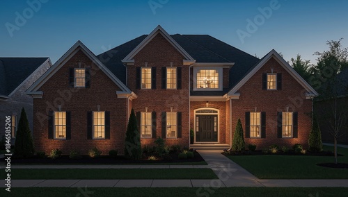 High end suburban home exterior with glowing windows, luxury housing and peaceful neighborhood lifestyle