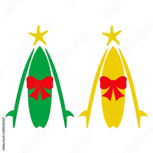 Logo con tablas de surf con forma de árbol de navidad con estrella de mar y lazo de cinta de regalo para tarjetas y felicitaciones