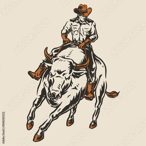 Cowboy riding a bull at rodeo