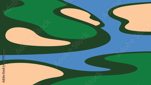 Golf course landscape with sand bunkers and water hazard