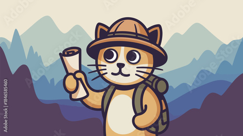 Cartoon cat explorer with map in mountains