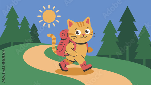 Cartoon cat hiking with backpack on sunny trail