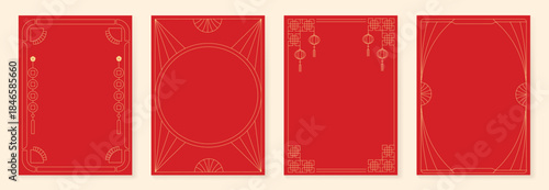 Chinese New Year 2026 vector decorative frame set with red and gold line art. Elegant oriental border design for greeting card poster invitation packaging and background.