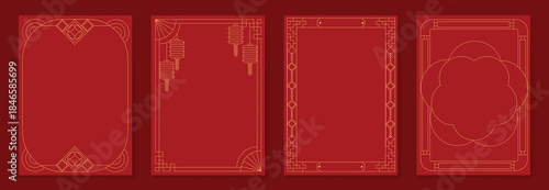 Chinese New Year 2026 vector decorative frame set with red and gold line art. Elegant oriental border design for greeting card poster invitation packaging and background.