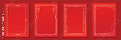 Chinese New Year 2026 vector decorative frame set with red and gold line art. Elegant oriental border design for greeting card poster invitation packaging and background.