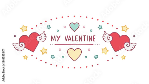 Valentine's day graphic design with twin hearts, stars, and 'my valentine' text in a whimsical style, ideal for love themed projects
